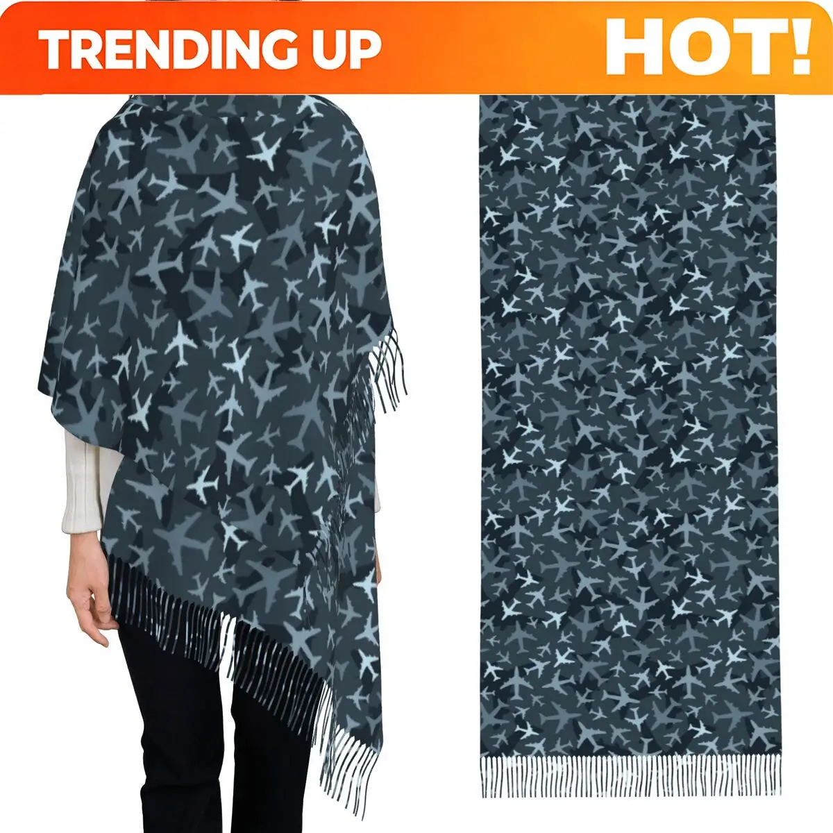 Customization Random Airplanes Pattern Aviation Fighter Pilot Scarf Tassel Scarves For Women Soft Shawls And Wraps Long Fall Win