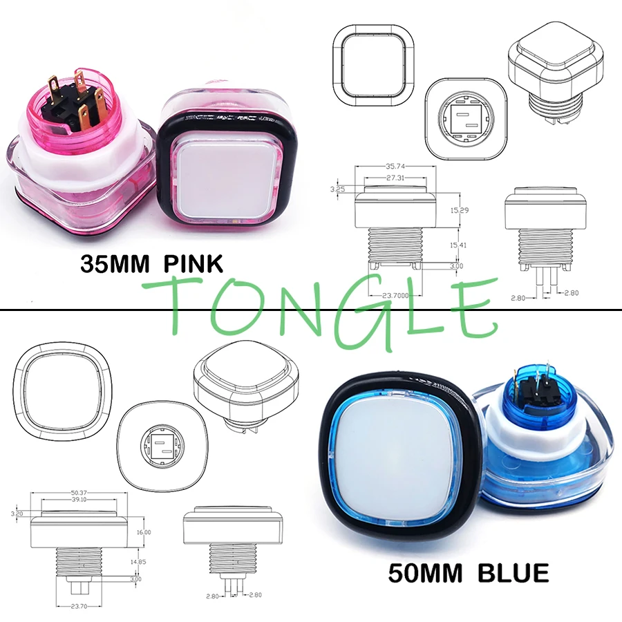 1PCs Square LED Illuminated Push Button with Micro Switch, Arcade Machine Game, Video Consoles, 50x50 cm, 35x35 cm, 12V