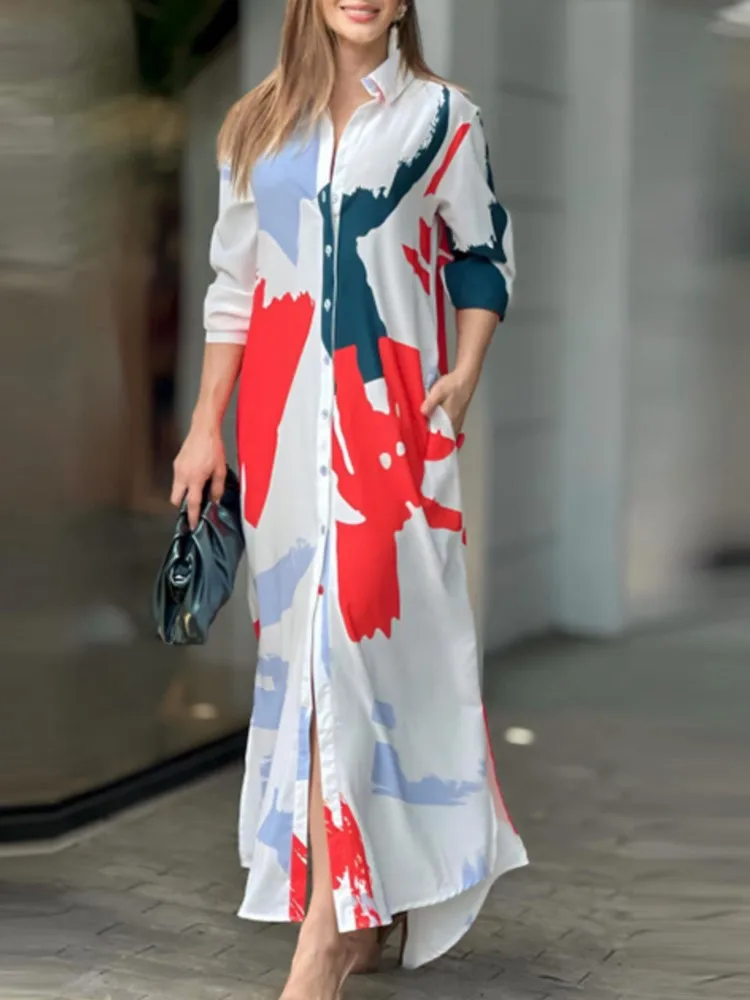 Women's Loose Casual Long Skirt Autumn And Winter New Fashion Printed Shirt Dress Elegant Commuting Long-sleeved Dresses