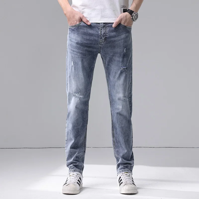 

Брендовая одежда, джинсы, мужские эластичные светло-голубые джинсовые модные плиссированные брюки с карманами в стиле ретро, узкие брюки 28-40