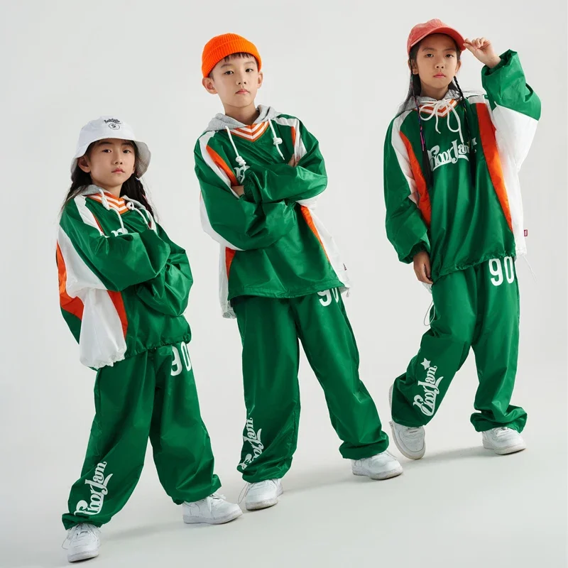 Girls Jazz Dance Costumes Boys Modern Hip Hop Dance Streetwear Children Green Loose Hoodie Shirts Hiphop Pants Suit