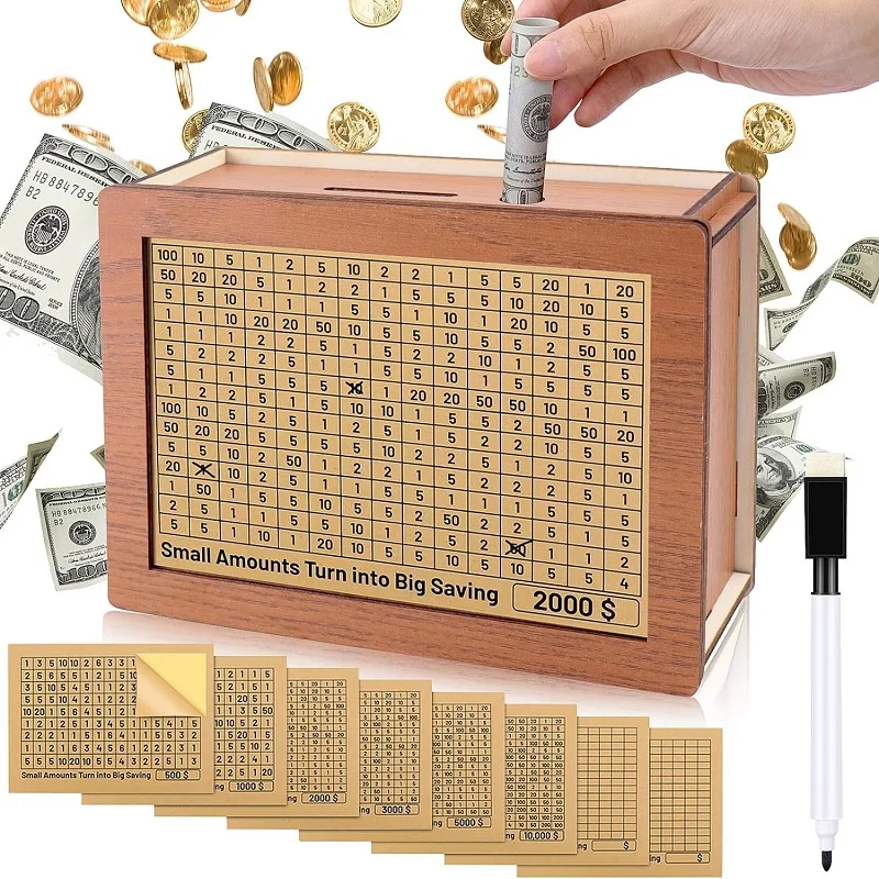 Wooden Money Box Home Counter Bank Coin Storage Case Creative Savings Tracker Box for Coin Cash Saving with 8 Stickers