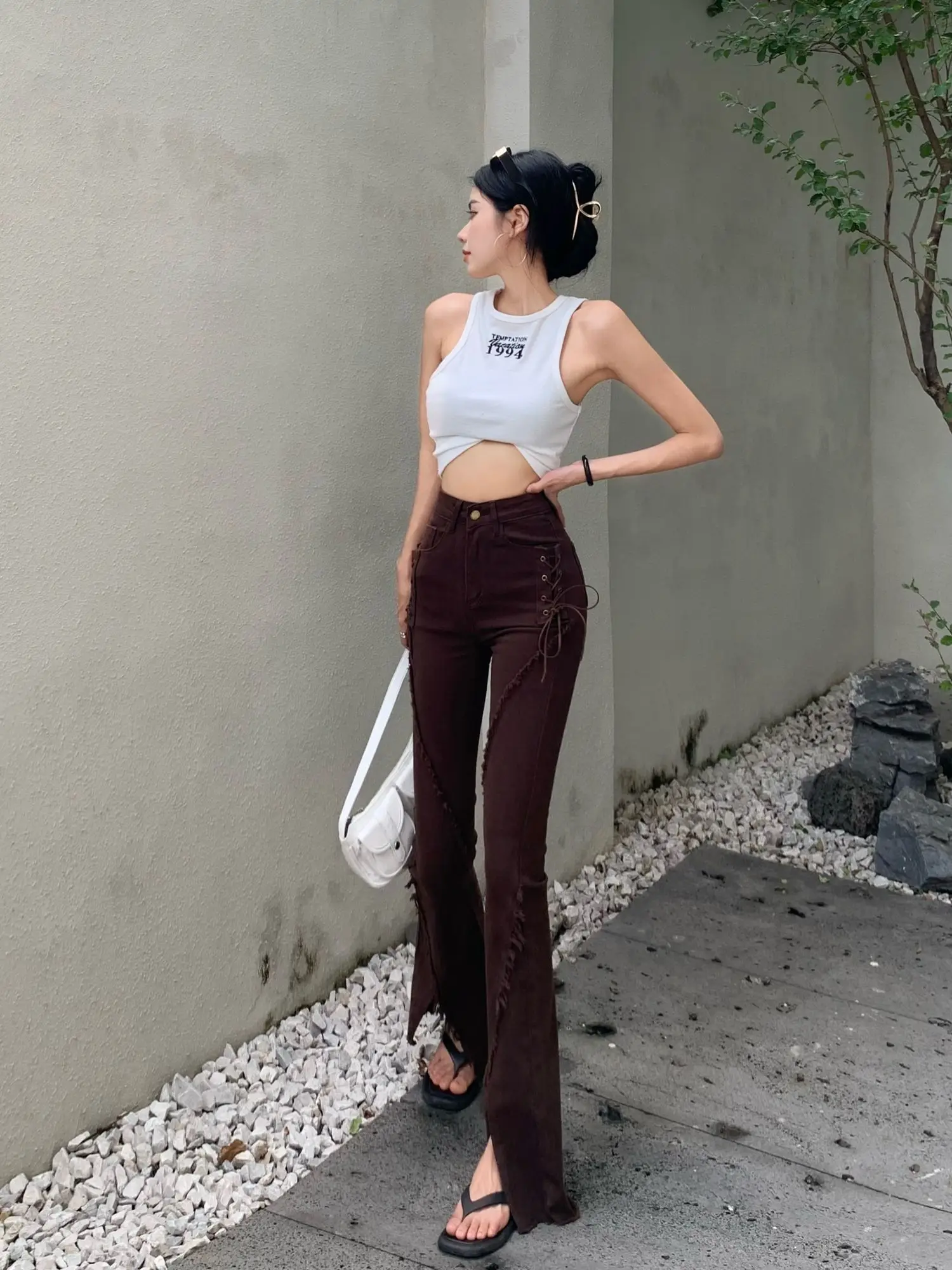 Blue Elastic Split Jeans For Women's Autumn Straight Denim Trousers Oversized Chubby High Waisted Slightly Flared Pants