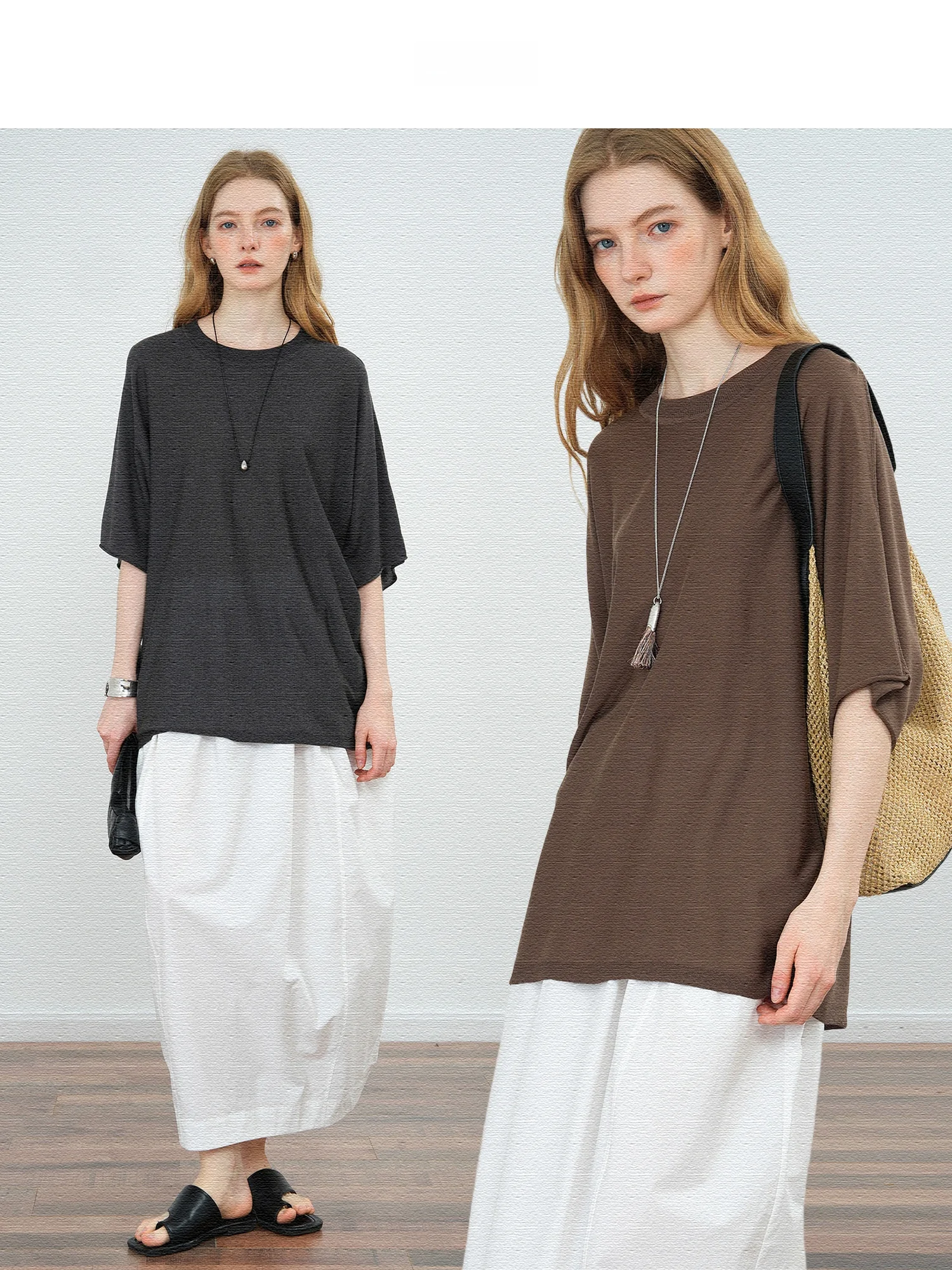 

Свободная женская футболка из шелковой смеси с трикотажным узором, средний рукав, JWSZ, повседневный стиль, удобная, дышащая, летняя мода