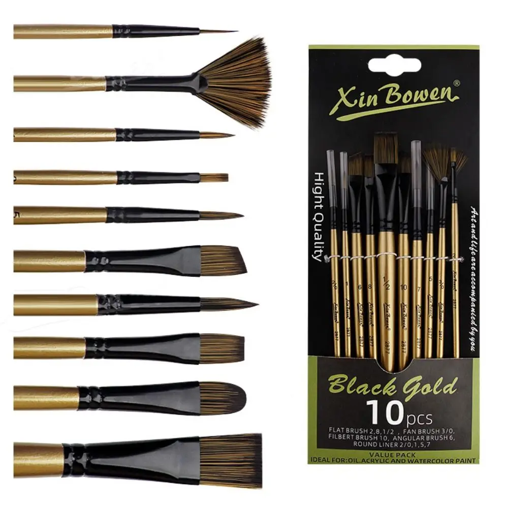 10Pcs Portable Wood Rod Watercolor Paint Brush Round, Filbert, Flat, Fan, Angular Nylon Bristles Brush Art Drawing Brush Gouache