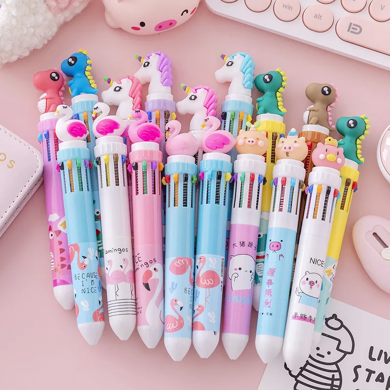 20Pcs/Lot Kawaii Cartoon 10 Color Ballpoint Pen Multi-color Retractable Pen Cute Unicorn Dinosaur Swan Office School Supplies