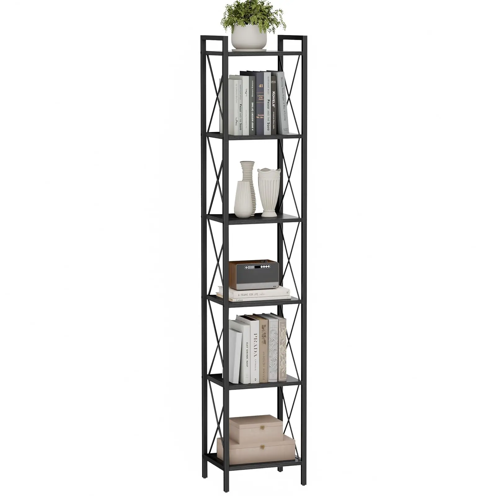 

5 Tier Tall Narrow Metal Bookshelf For Small Space Industrial Style Home Office Living Room