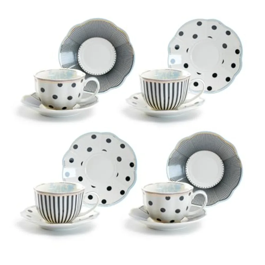 

Gracie China Toile Navy Dot Stripes Porcelain Scallop Teacup And Saucer 9-Ounce Set of 4