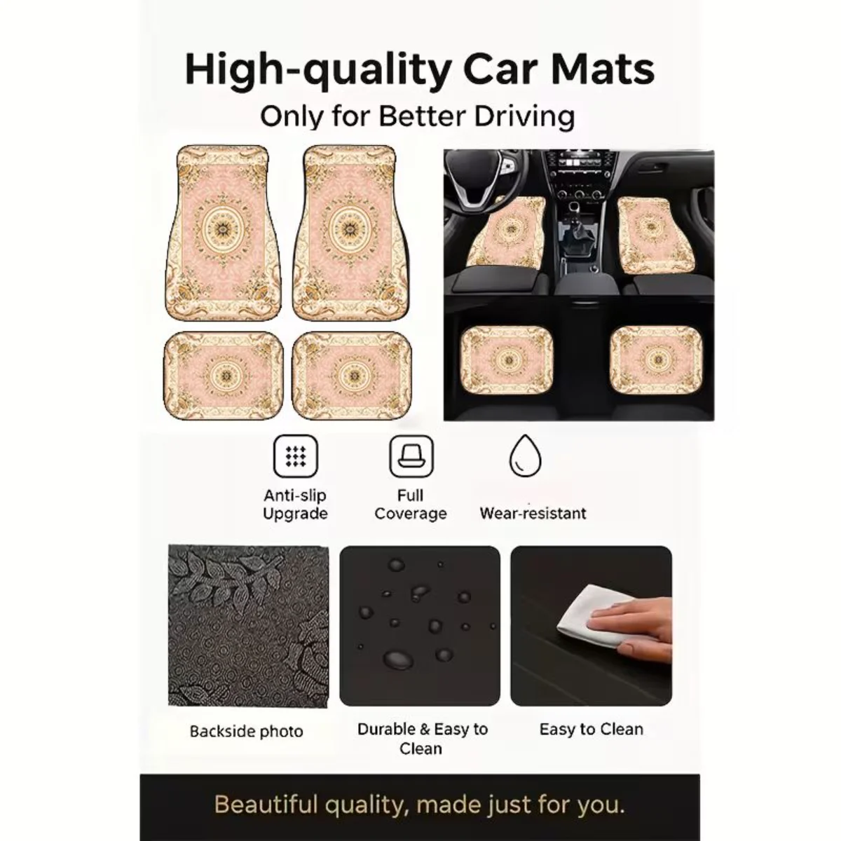 Pink Vintage European Palace Floral Rug Print Car Floor Mats 4 Pieces Universal Fit Waterproof Non Slip Auto Foot Mats For SUV view 3