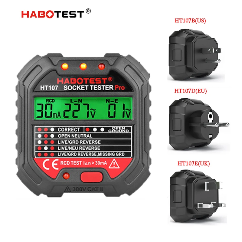 Imagem -02 - Digital Socket Tester Pro Voltagem Detector Inteligente Teste Rcd ue Eua uk Plug Linha Ground Zero Verificação de Fase Polaridade 30ma 5ma Ht107