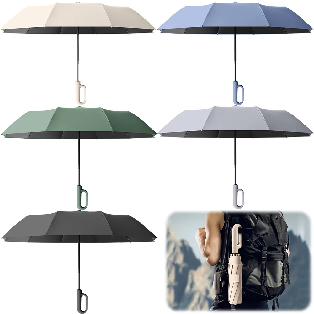 105cm Fully Automatic Ring-Buckle Umbrella with Carabiner Handle Folding Rain for Men Women