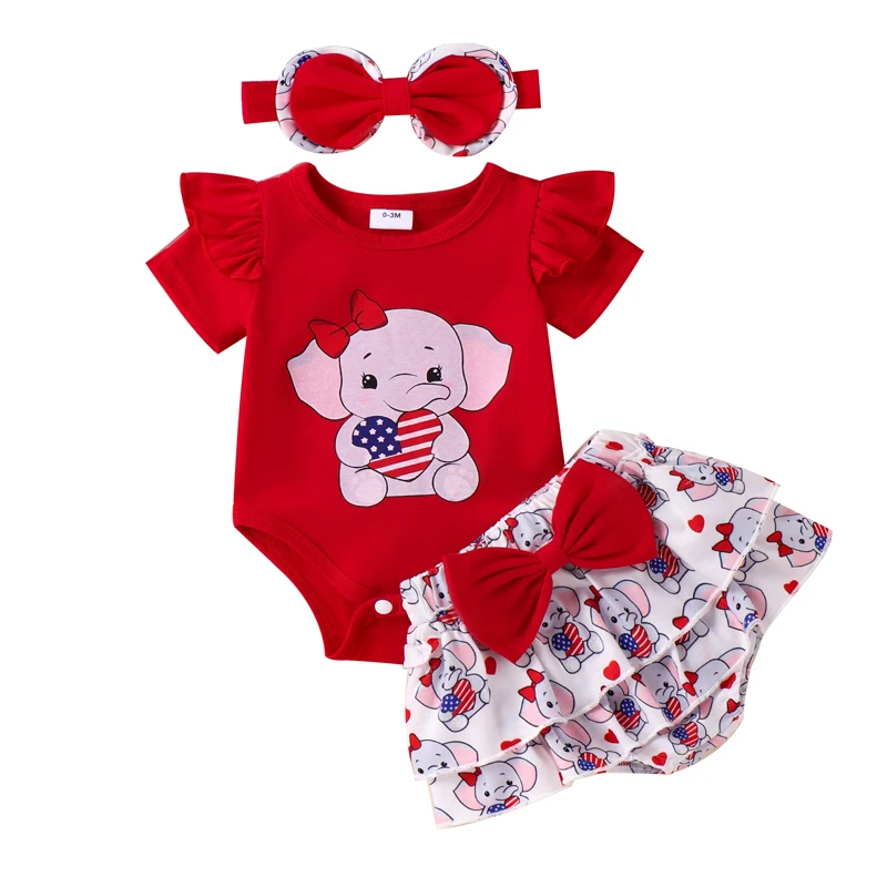 Baby Meisjes 4e Van July Sets Olifant Print Romper Gelaagd Ruche Shorts Hoofdband Sets