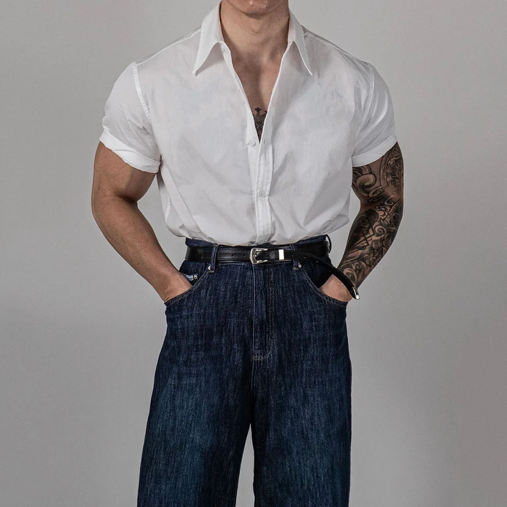 Mens Shirt Casual Slim Fit Top Breathable Thin Gym Fitness Solid Color Versatile Simple Shirt Men'S Clothing 2024 Summer New
