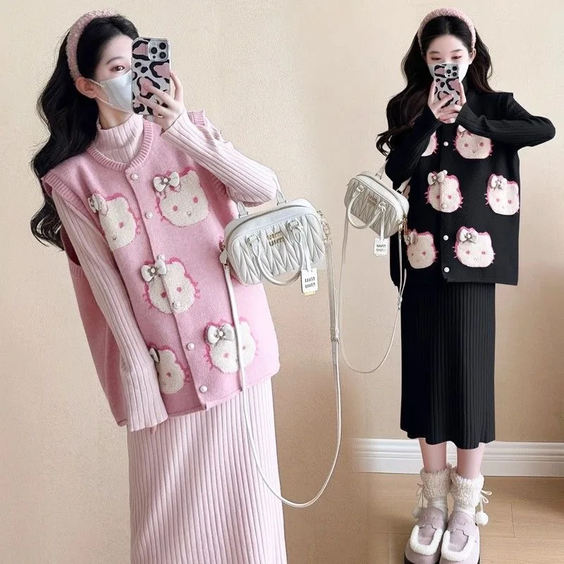 Kawaii Sweet Hello Kitty 3D Jacquard Knitted Cardigan Women's Autumn and Winter New Loose Stacked Sleeveless Sweater Cardigan