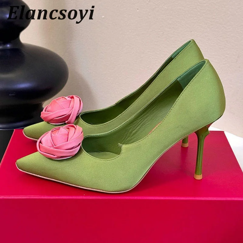 Rose Flower High Heels Women Shallow Mouth Pumps Pointed Toe Thin Heels Single Shoes No Logo Spring Autumn Sexy Runway Shoes