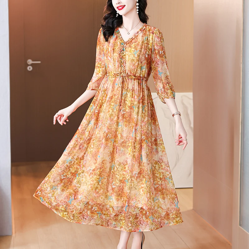 

2024 Spring Summer Floral Silk Long Sleeve Midi Dress Women Boho Fashion Casual Dress Korean Elegant Luxury Festival Vestidos