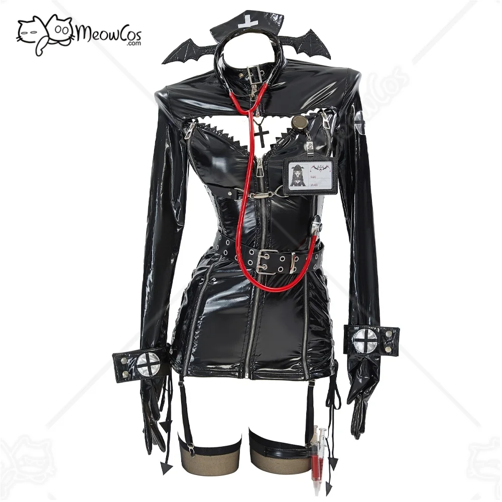 

MEOWCOS костюм медсестры для Косплей Хэллоуин готическая Сексуальная черная Униформа и повязка на голову с высокими чулками и ожерельем