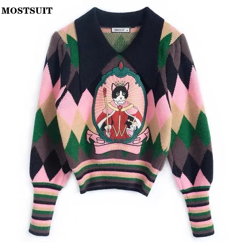 Plaid Knitted Women Sweater Tops Autumn Winter Vintage Cat Embroidery Patchwork Pullover Contrast Color Long Sleeve Jumpers 2022