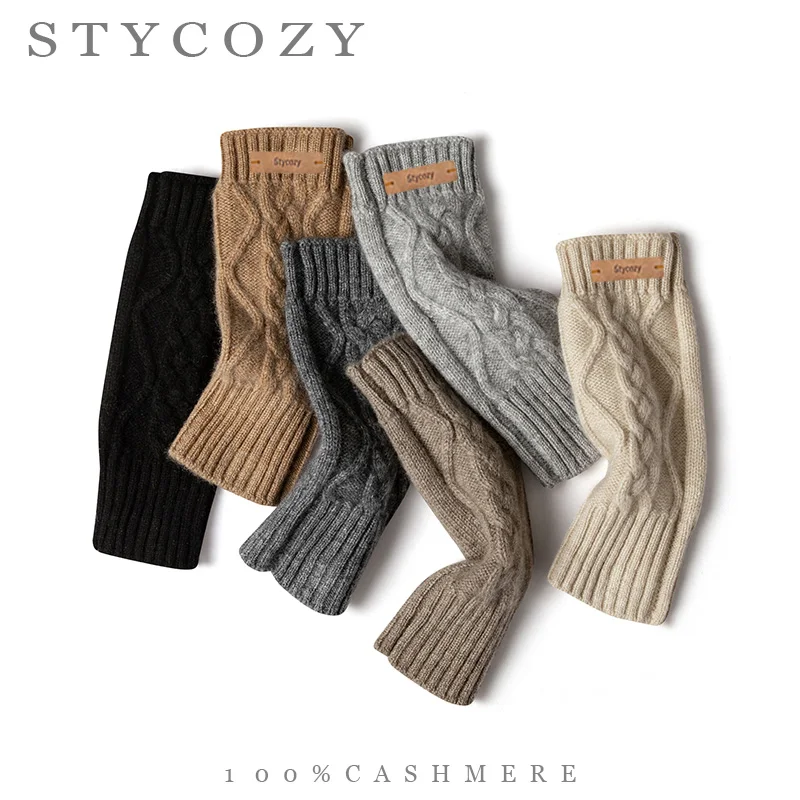 100% Cashmere Jacquard Knit Fingerless Wrist Warmers Women Thick Thermal Knit Hand Cuffs Winter Warm Gloves for Student Writing
