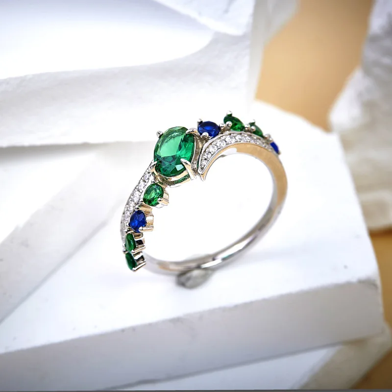 Artificial Emerald RingS925Silver Plated Imported Egg-Shaped Diamond Exquisite Ladies Ring