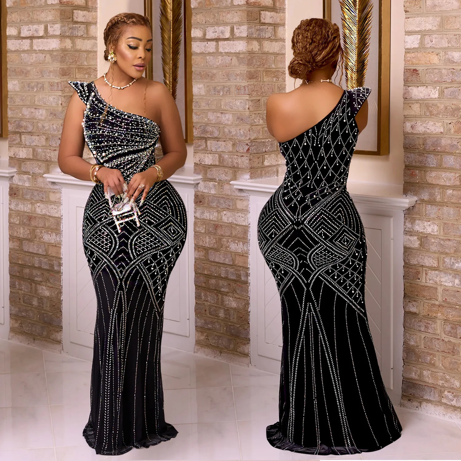 

Elegant Women Party Dress Sing Shoulder Pearls Rhinestone Maxi Dress Long One-Piece Dresses Gown Luxury Sequin Evening Prom Gown