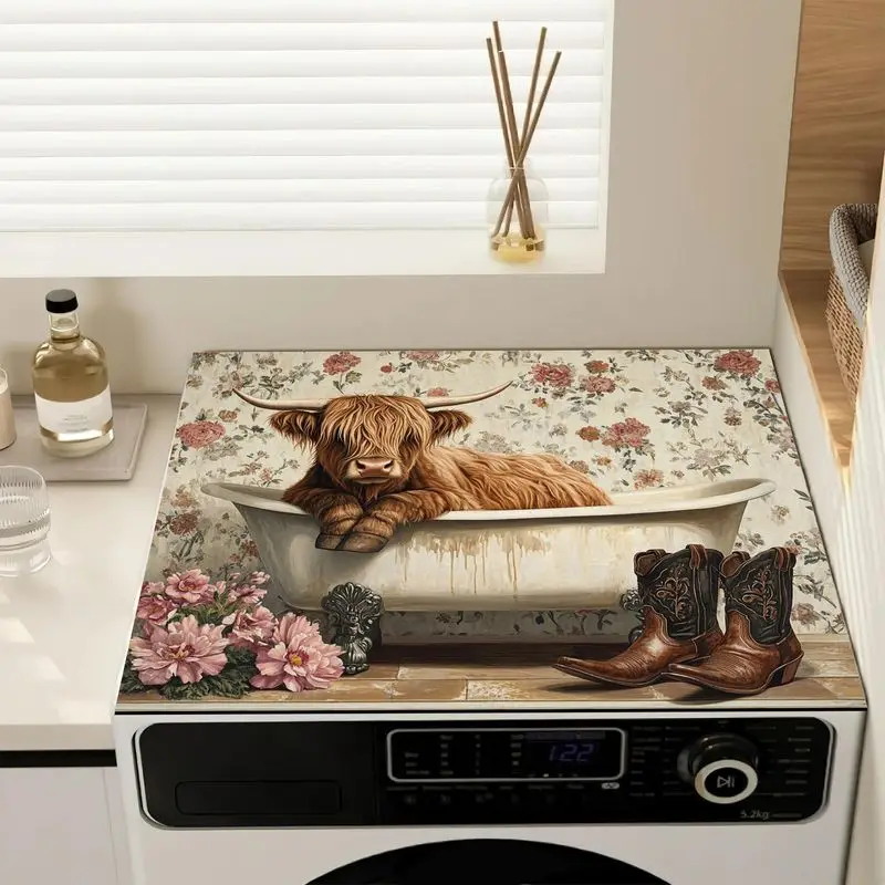 VIKAMA Cute Highland Cow Pattern Washing Machine Top Cover Anti-slip Anti-scuff Dust-proof Pad Washing Dryer Protector Mat