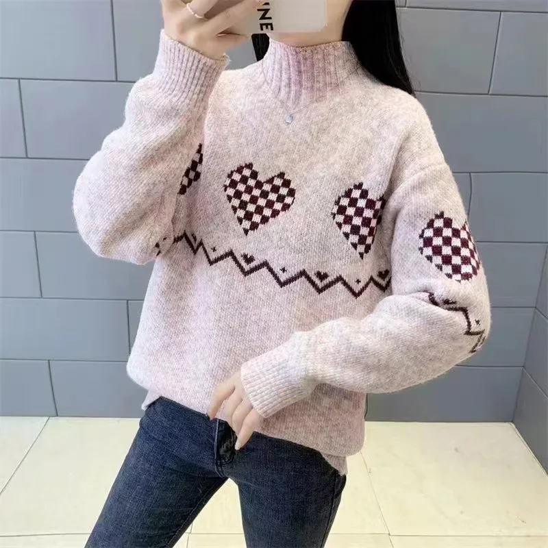 

2024 Women's New Loose, Thick Versatile Pullover Knitted Sweater, Semi-turtleneck Mink Fleece Sweater