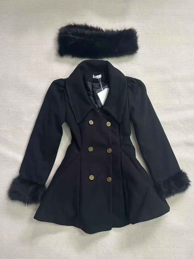 Winter Vintage Black Fur Collar Coat French Slim Elegant Outfits 2025 Thick Chic Warm Design Daily Party Casual Retro Aesthetic