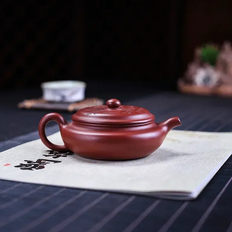 Yixing genuine purple clay antique pot ，Flat plum original mine Dahongpao tea set Ewer Traditional handmade Gift teapot 160cc