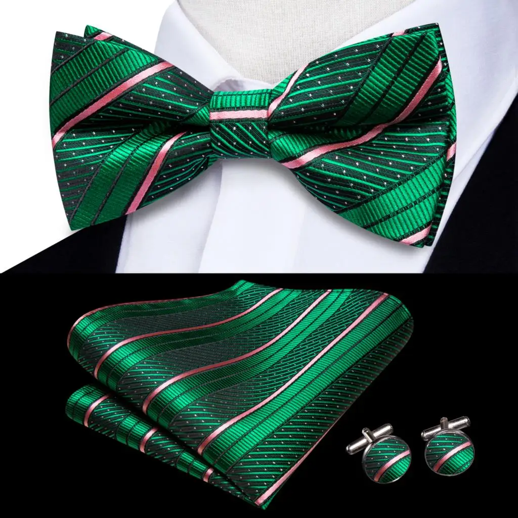 

Hi-Tie Jacquard Striped Green Pink Bowtie for Men Silk Butterfly Tie Bow Tie Hanky Cufflinks Wedding Party Gift Bowtie Wholesale