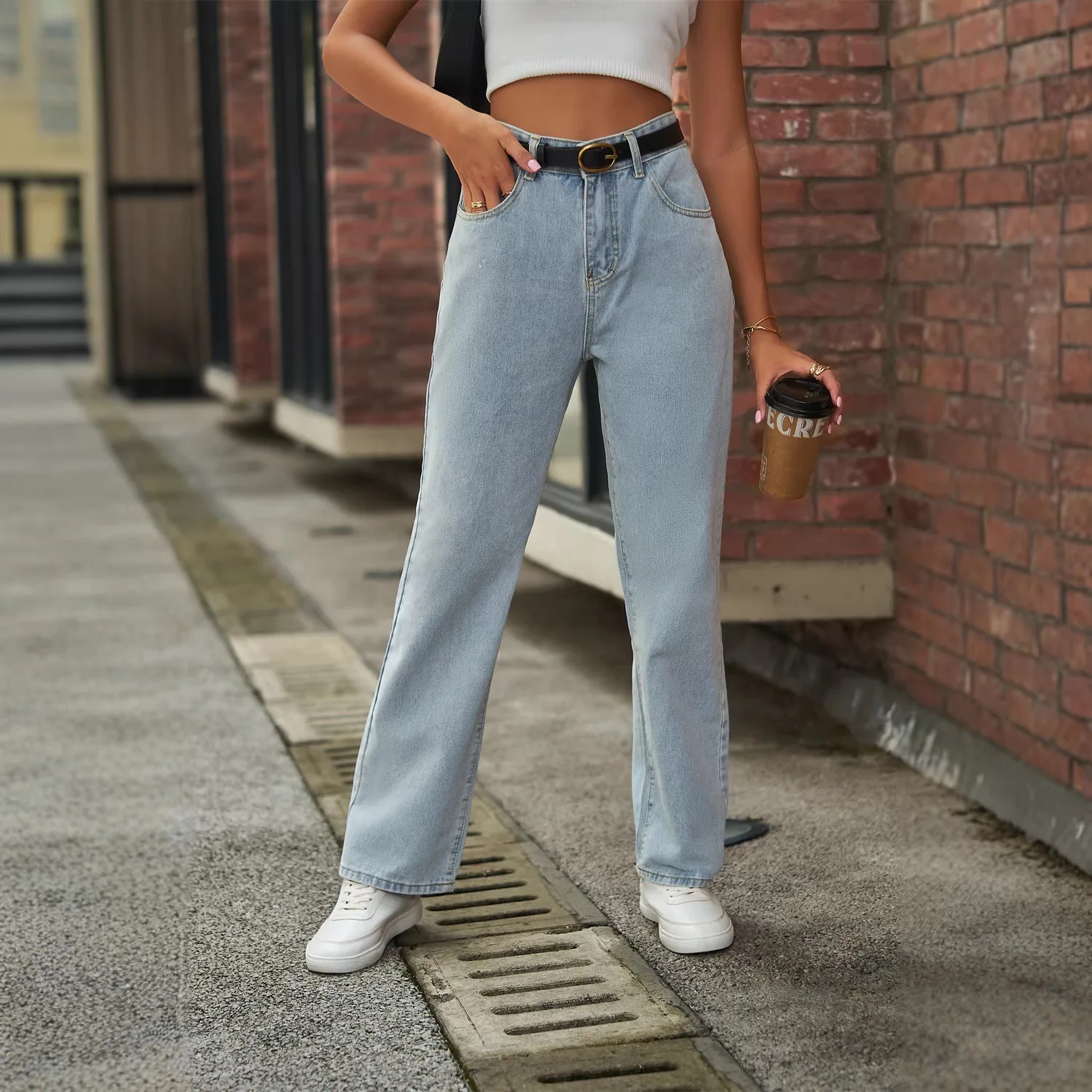 Sexy Women Jeans Streetwear Chic Y2K Denim Pants Female Butterfly Print Light-colored Mid-waist Denim Straight Trousers