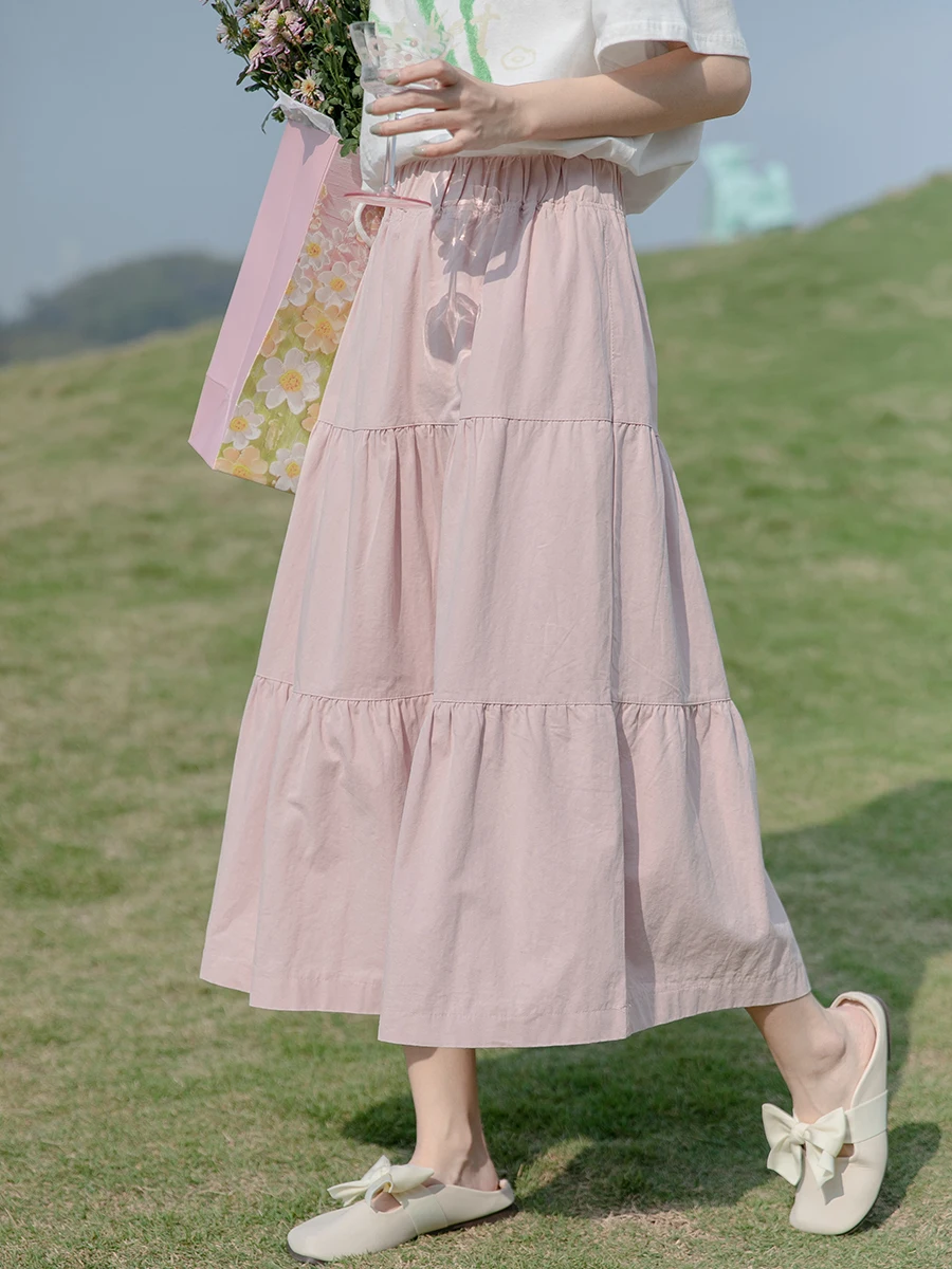 Korean Fashion Pink Long Skirt Women Harajuku Patchwork Elastic High Waist A-Line Skirt Preppy Style Casual Loose Faldas Largas