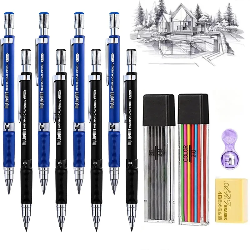 Automatic Mechanical Pencil 2.0mm With 2B Black/Color Lead Refill Eraser Sketching Art Drawing Tool For School Office Supplies