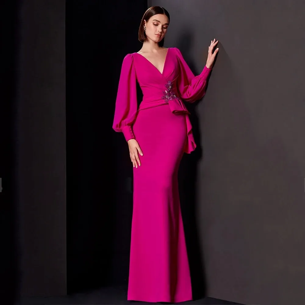 

2026 Elegant Fuchsia Formal Evening Dress V Neck Long Sleevs Lace Appliques Mermaid Satin Long Prom Pageant Gowns Robe De Soiree