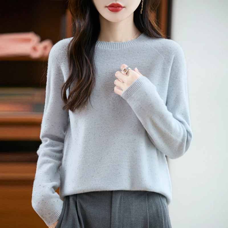 Sweter z okrągłym dekoltem, 100% wełna merino, sweter wkładany przez głowę, jesień, zima, miękki, damski, długi rękaw, dzianina, elegancki, modny, odzież, topy