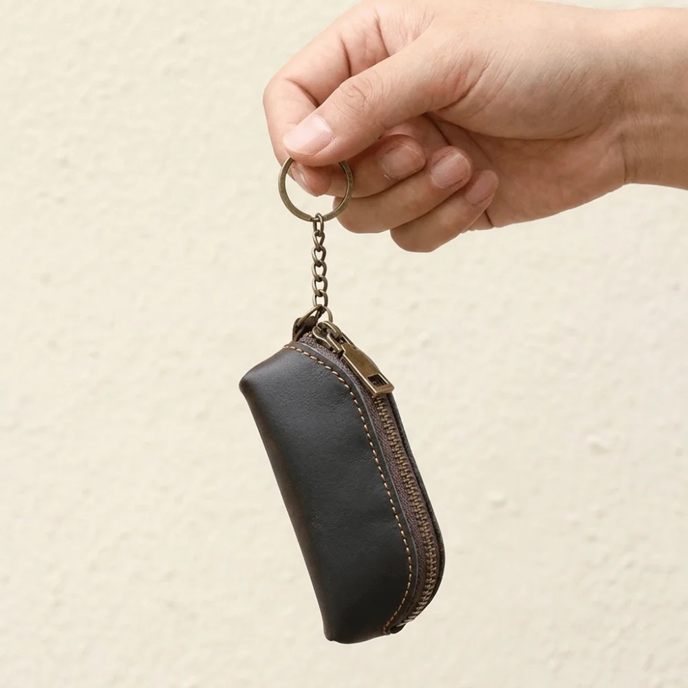 Retro Anti-lost Mini Leather Coin Purse Zipper Solid Color Men Key Ring Pouch Credit Card Holder Classic Car Key Bag Work