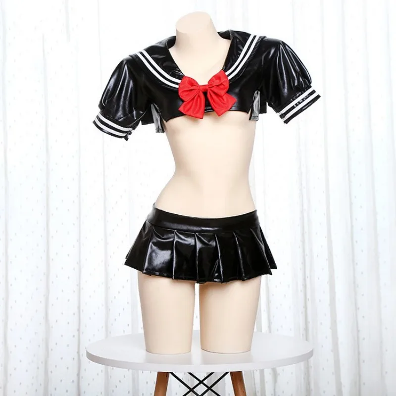 

Japanese Anime Pu Leather Sailor Suit Cute Female Student Uniform Red Bow Lapel Sweet Girl Costume Cosplay Mini Skirt Outfits