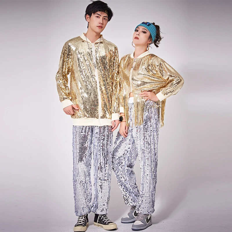 Jazz Dance Outfit Adult Gold Sequin Jacket Silver Tassel Tops Kpop Stage Costume Hip Hop Performance Clothing Streetwear VDL2654