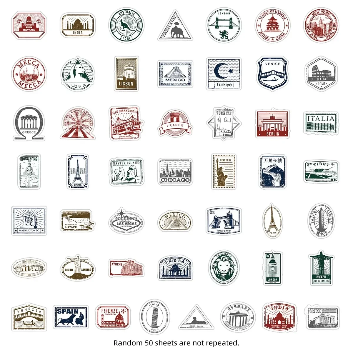 10/50PCS Vintage Landmark Travel แสตมป์สติกเกอร์สมุดภาพโทรศัพท์กระเป๋าเดินทางแล็ปท็อปกีตาร์ DIY สติกเกอร์กันน้ํา Decals ของเล่นเด็ก