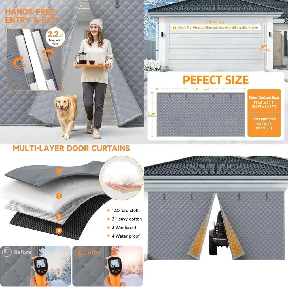 

Магнитная дверная занавеска с термоизоляцией для гаража 9x8 футов, комплект зимней изоляции из утолщенного хлопка, гаражная дверь для одного автомобиля S