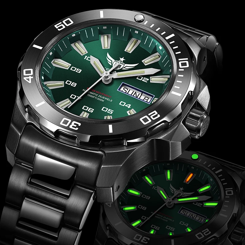 

YELANG Мужские военные часы 44 мм Автоматические механические наручные часы со светящимися трубками Сапфировый дайвер 30 бар Водонепроницаемые SW220