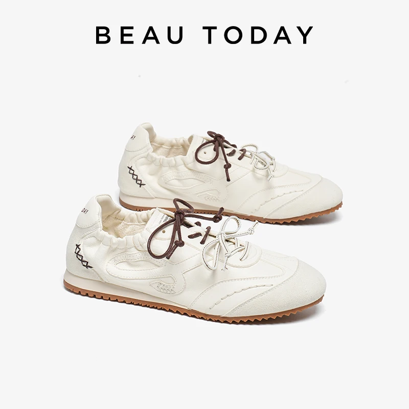

BEAUTODAY Fashion Trainers Women Cow leather Round Toe Multi-lace Elastic Band Sneakers Lace-up Ladies Shoes Handmade 29982