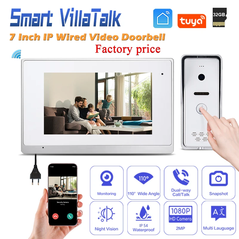 Indoor e Outdoor Video Doorphone, OEM Multi Família, IP YUYA Sp, Citofono Porta Bell, 7 "Wired Doorphone Monitors System, HD 1080P Pressione o Botão