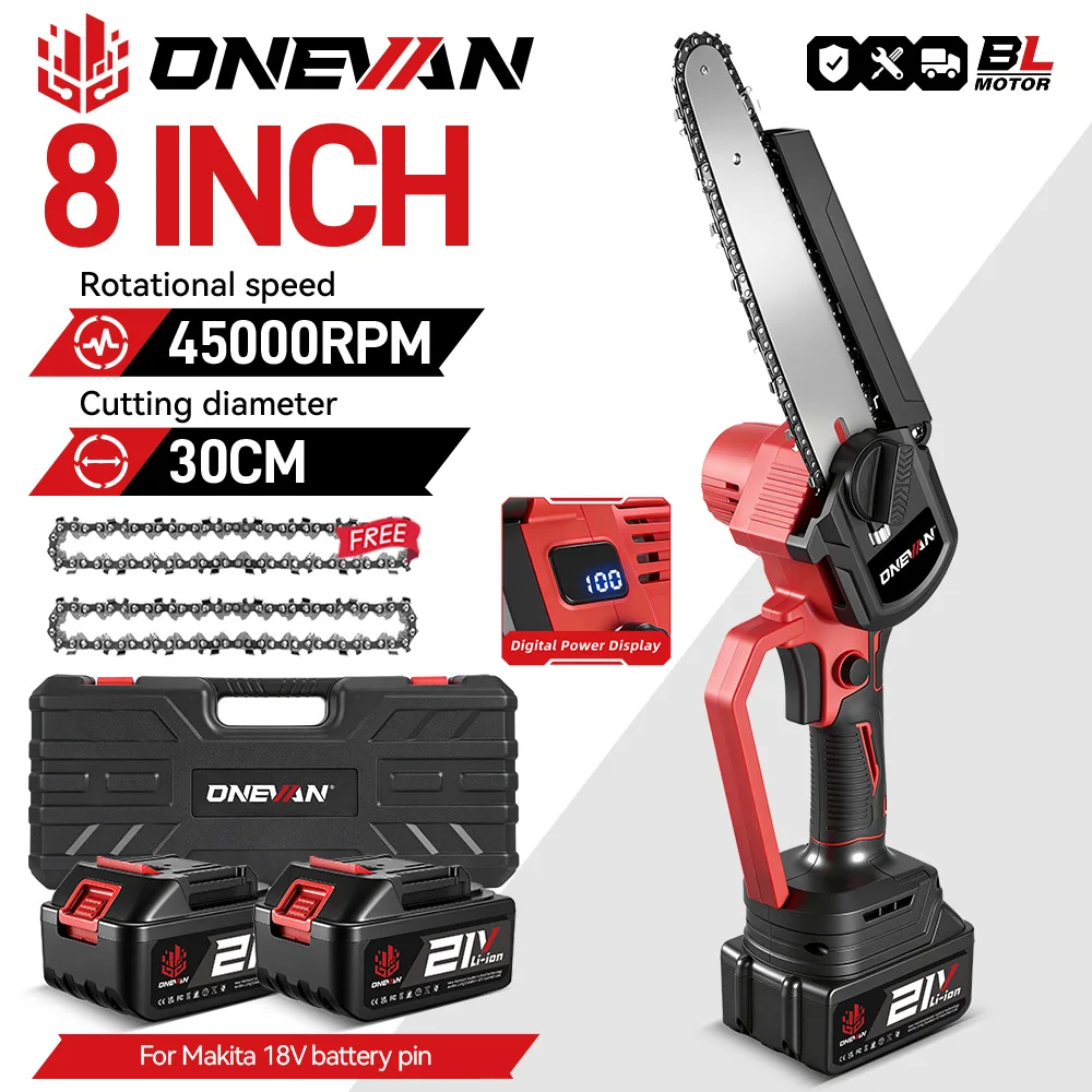 ONEVAN Brushless 8Inch Electric Saw Automatic Oiler Handheld Garden Pruning Chainsaw Woodworking Tool For Makita 18V Battery Pin