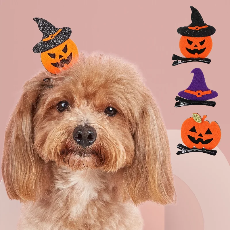 

Halloween Pet Accessories - Glow in Dark 3D Bat/Ghost Hair Clips, Adjustable Witch Hat Barrettes for Cats/Dogs Costume Party