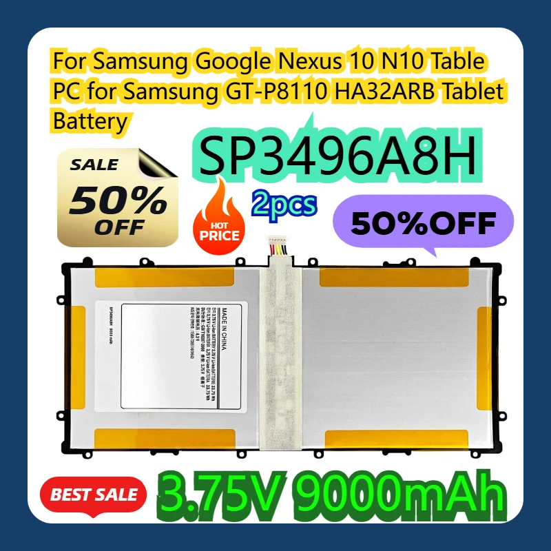 

For Samsung Google Nexus 10 N10 Table PC for Samsung GT-P8110 HA32ARB Tablet Battery 3.75V 9000mAh SP3496A8H Battery 2pcs