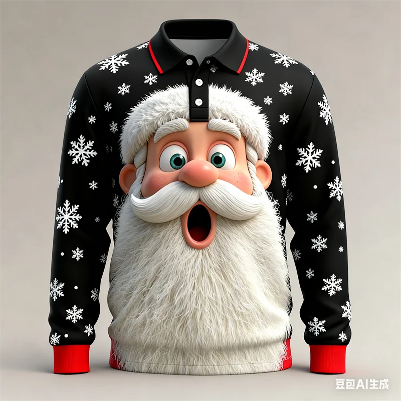

X'mas Elements Men's Polo Shirt 3D Santa Claus Snowflake Print Long Sleeve Top New Year New Year Celebration Party Men Clothing