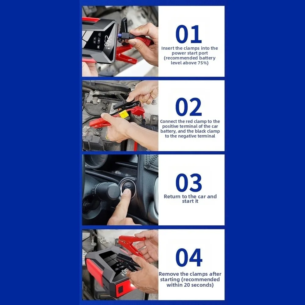 

Professional 4 in 1 Car Jump Starter Auto Starting Device Emergency Power Supply Auto Tire Inflator 12V Portable Air Pump