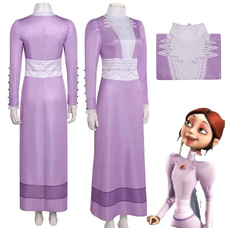 映画のキャラクター、ルシルは紫色のドレス、ハロウィーンのコスチューム、ロングスカート、女の子のホリデーパーティーの衣装で女性の役を演じています。