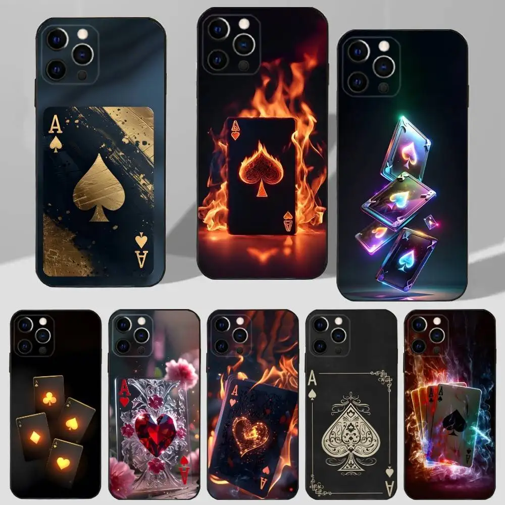 

Art Ace OF Spades Poker Case For iPhone 16,15,17,14,13,12,11 Plus,Pro Max,XS,X,XR,SE,Mini,8,7 Soft Silicone Black Cover